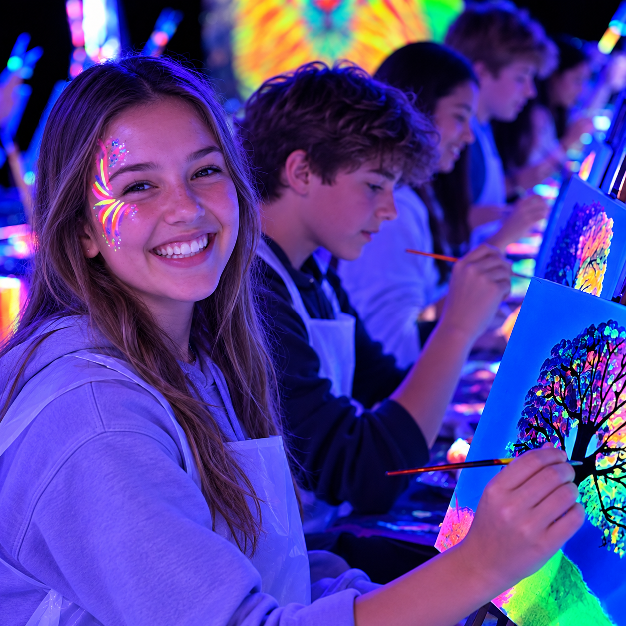 Jóvenes pintando lienzos de colores fluorescentes en un taller de pintura neón